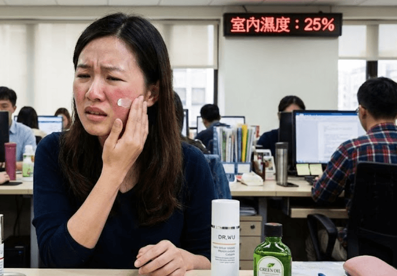 一位台灣女性上班族在辦公室裡，臉部泛紅，表情看起來很不舒服，正用手輕輕塗抹乳液，桌上放著DR. WU的保養品和一瓶綠油，背景是其他同事的辦公桌。