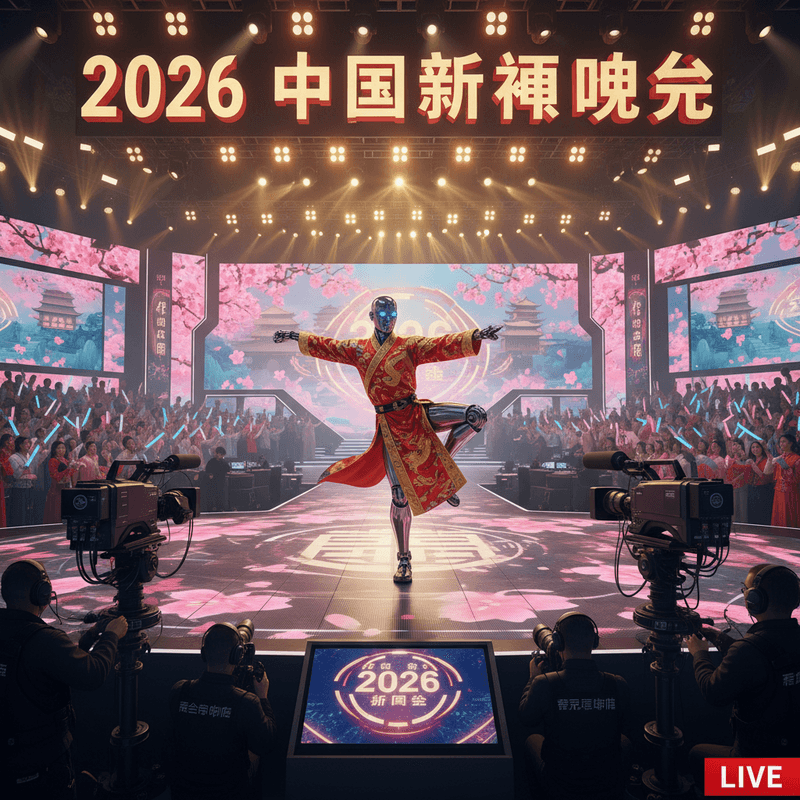 一個機器人在華麗的中國新年晚會舞台上表演，它身穿傳統紅色龍袍，優雅地擺出舞蹈動作，周圍是盛開的櫻花和古建築背景，觀眾席上滿是揮舞螢光棒的熱情觀眾，舞台前方則有攝影師正在拍攝這場盛會。
