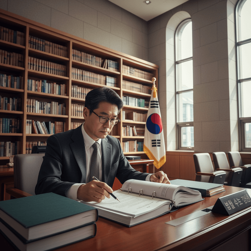 一位韓國男性律師在寬敞的辦公室裡，坐在深色木質辦公桌前，專注地審閱著一份厚重的文件。他身穿深灰色西裝搭配淺色領帶，戴著黑框眼鏡，右手拿筆，左手輕扶著文件。辦公桌上除了文件，還擺放著幾本深綠色書本和一個印有韓國國旗的立牌。辦公室後方是整面牆的木質書櫃，擺滿了各式書籍，營造出濃厚的學術氛圍。窗外灑進明亮的自然光，使整個空間顯得專業而莊重。