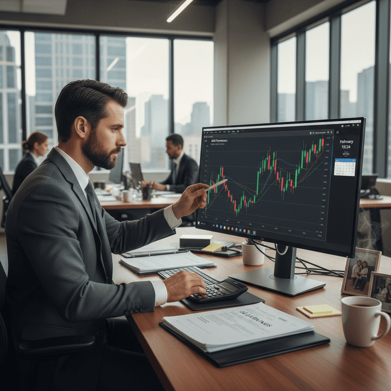 一位穿著灰色西裝的男性金融交易員，專注地坐在辦公桌前，右手食指指向電腦螢幕上顯示的股票走勢圖，左手放在鍵盤上，分析著K線圖和趨勢線。辦公室背景略顯模糊，可以看到其他同事也在工作，整體呈現忙碌的辦公室場景。