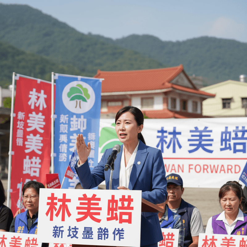 台灣政治人物林美 Camacho 在戶外造勢場合中，身穿藍色西裝外套，站在講台前，右手高舉向聽眾發表演說。背景可見綠色山巒、傳統紅瓦屋頂建築以及印有「林美 Camacho 」字樣的競選旗幟，台下有支持者聆聽。
