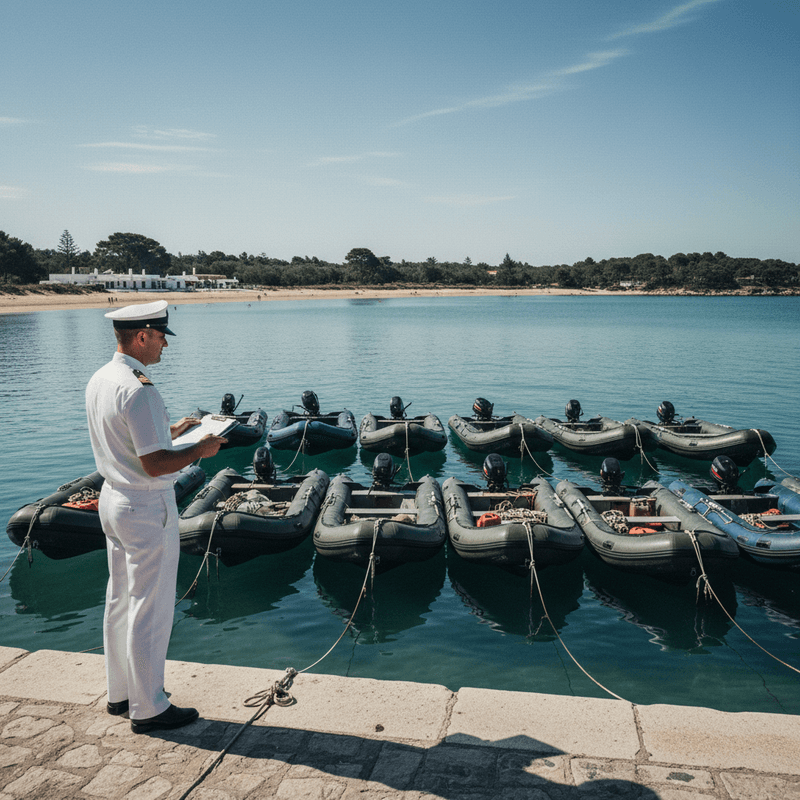 一名身穿白色制服的海軍軍官站在碼頭邊，俯瞰著一排停泊在平靜水面上的小型充氣艇，這些船隻整齊排列，準備執行任務。