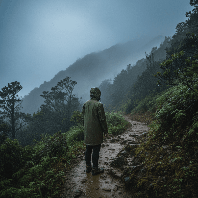 一位穿著綠色雨衣的登山客，站在台灣山區濕滑的泥土小徑上，周圍環繞著茂密的熱帶植物與迷霧繚繞的山巒，展現雨中健行的獨特氛圍。