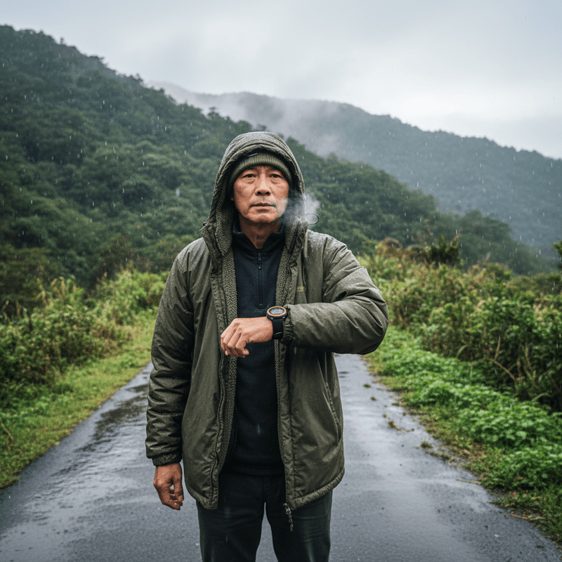 一位穿著軍綠色防水外套、戴著毛帽的亞洲中年男子，站在濕漉漉的山間小路上，雨水打濕路面和兩旁的翠綠植物。他左手抬起看著手腕上的運動手錶，眼神堅定地望向前方，嘴邊還有一絲白煙輕輕飄散，背景是雲霧繚繞的山巒，展現戶外探險者在雨中依然從容的堅毅。