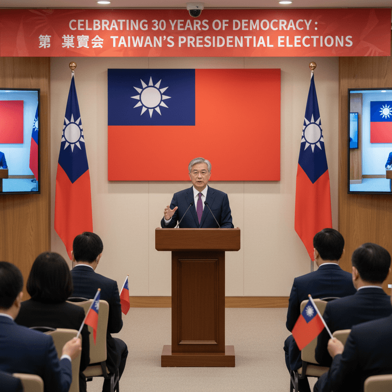 一位台灣政治人物正在記者會中發表演說，背後是中華民國國旗，台上布條寫著「慶祝民主30年：台灣總統大選」，台下有多位聽眾手持小國旗。