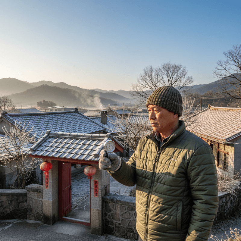 一位台灣中老年男子，戴著毛帽和手套，身穿保暖外套，神情專注地在戶外使用羅盤。背景是台灣鄉村冬天的早晨，白霜覆蓋著房屋屋頂和樹木，遠處山巒疊翠，天空湛藍。
