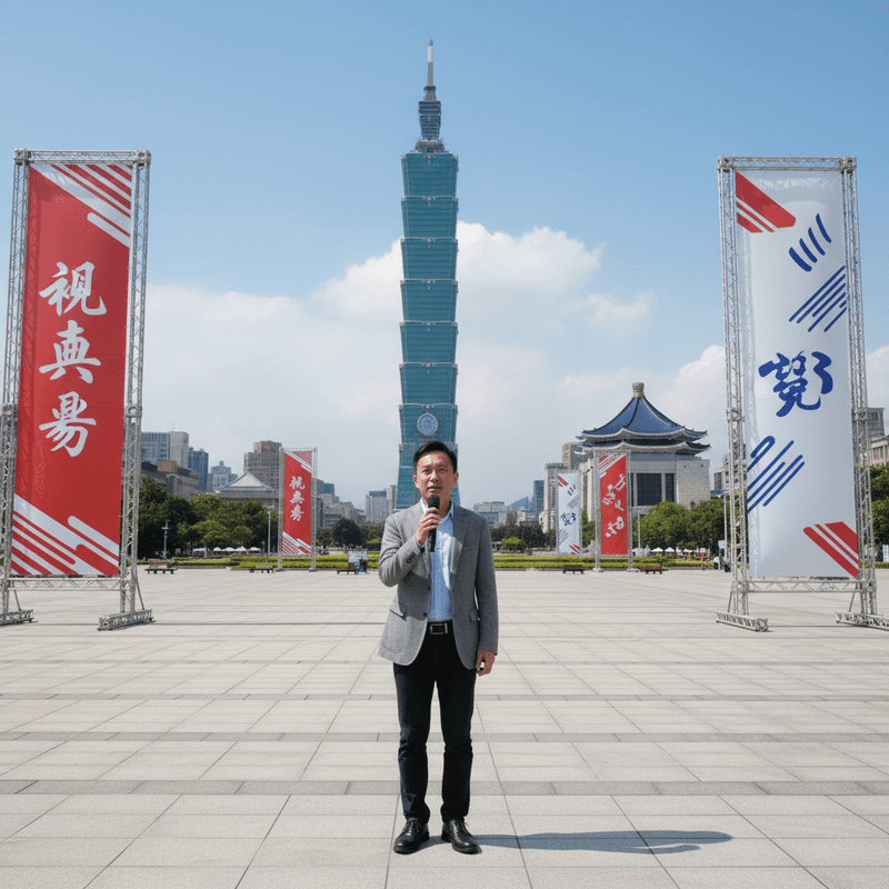 一位台灣男性站在台北市區的廣場上，背景是著名的台北101大樓和中正紀念堂的國家音樂廳。他身穿西裝外套和深色長褲，手持麥克風，似乎正在進行演講或主持活動。廣場兩側掛有大型紅色和白色布條，上面印有中文字樣，增添了現場的莊重氛圍。