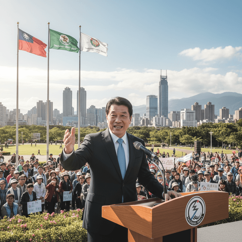 一位台灣政治領袖站在講台上，熱情地向群眾發表演說，背後是台灣的旗幟和城市天際線。