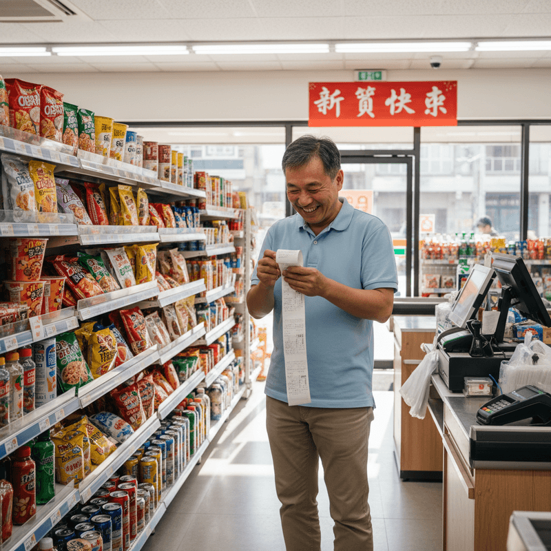 一位亞洲中年男子在台灣便利商店裡，臉上帶著開心的笑容，低頭仔細看著手中長長的超商發票。他的左手拿著發票，右手也拿著另一張發票，背景是擺滿各式零食和飲料的貨架，以及收銀台區域，展現了台灣便利商店的日常購物情境。