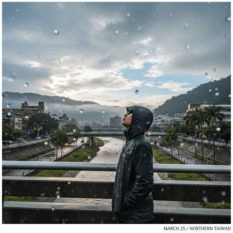 一位穿著黑色連帽雨衣的旅人，站在台灣某條河岸邊的橋上，仰望著天空。畫面中可見綿延的山脈、城市建築，以及橋下流淌的河流。前景有雨滴落在鏡頭上的效果，營造出下雨天的氛圍，畫面左下方標註有「MARCH 25 / NORTHERN TAIWAN」字樣。