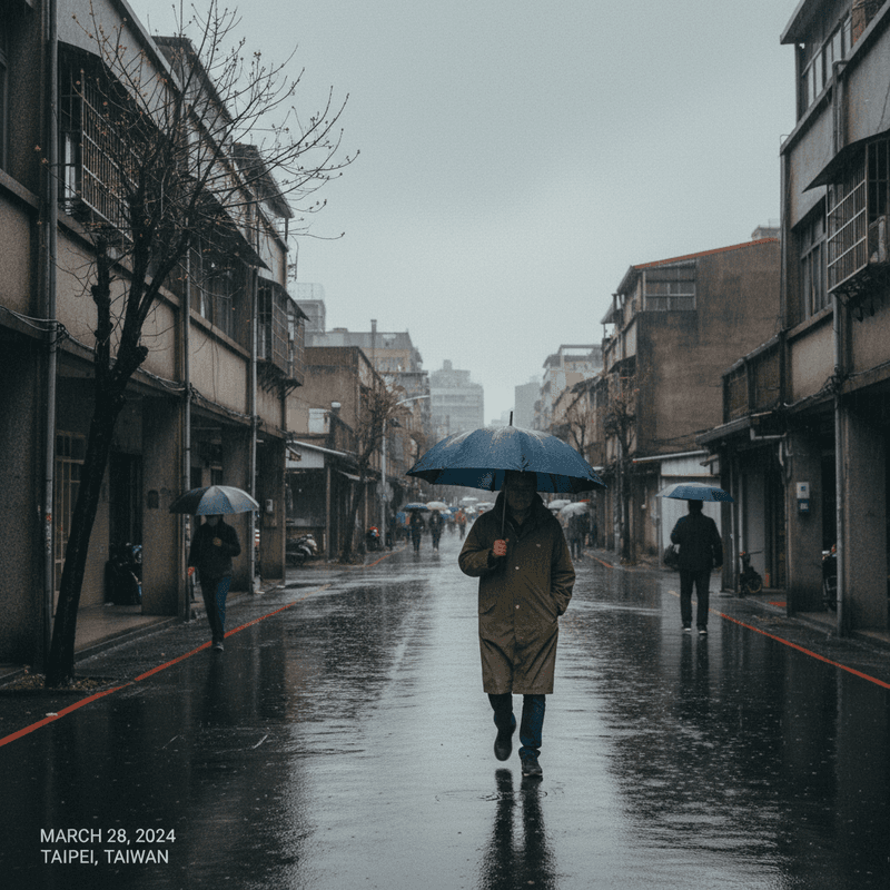 台灣台北的雨天街景，一個穿著雨衣、撐著深藍色雨傘的男子走在濕漉漉的街道上，路上還有其他行人也撐著傘，兩旁的舊式建築物在雨中顯得更有味道，展現了台北獨特的城市氛圍。