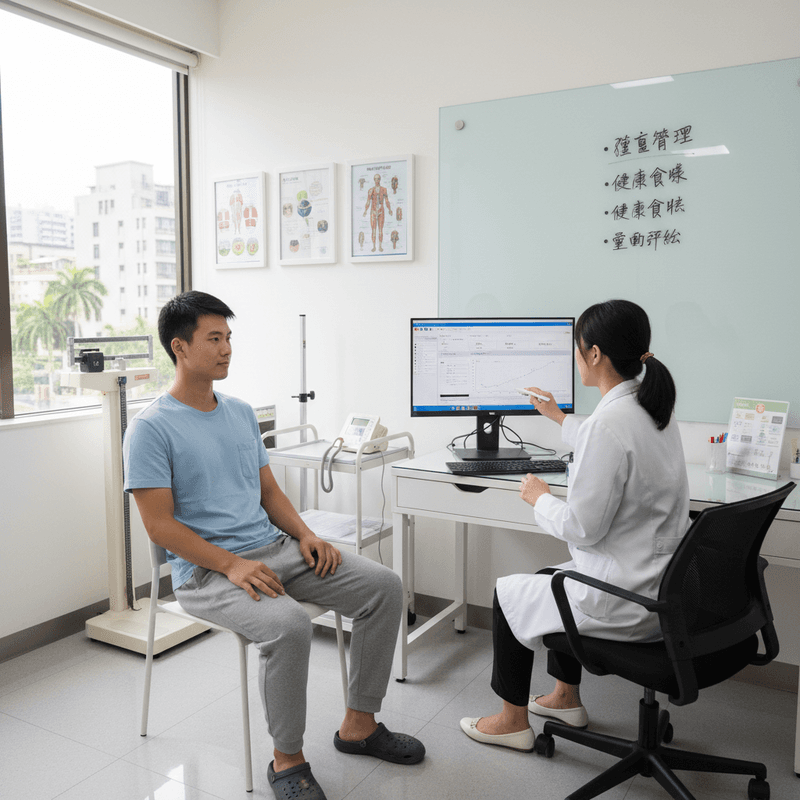 一位年輕男性病患坐在診間椅子上，穿著藍色短袖上衣和灰色運動褲，正專心聆聽身穿醫師袍的女醫師解說。醫師坐在辦公桌前，手指著電腦螢幕上的圖表和數據，像是在說明健康檢查報告或治療計畫。診間環境明亮整潔，背景有一台體重計和一些醫療器材，牆上掛著人體構造圖，白板上寫著「體重管理」和「健康餐飲」等字樣，顯示這是一間健康管理或預防醫學診所。