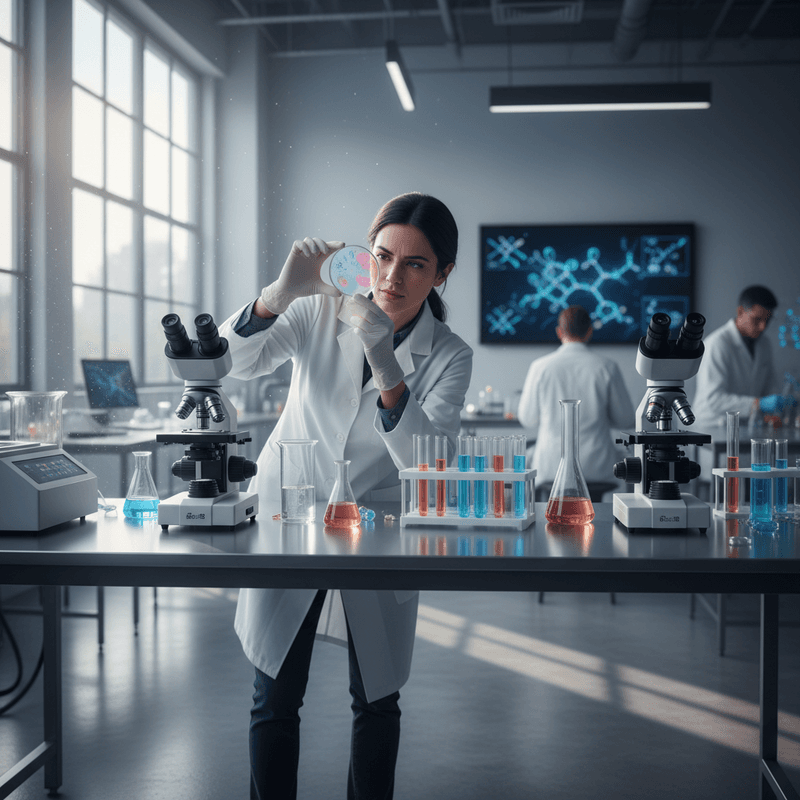 繁體中文 alt：一位女性科學家在實驗室內，穿著白色實驗袍，專注地用顯微鏡觀察一個裝有彩色細菌的培養皿，背景有高科技設備和其他研究人員