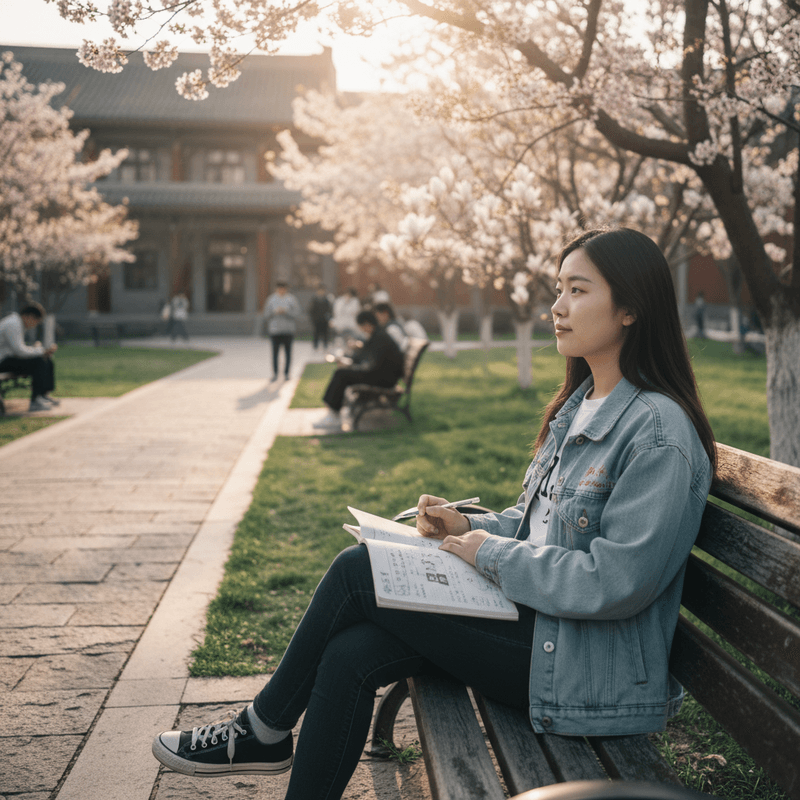繁體中文 alt：一位年輕女性坐在公園的長椅上，手持筆記本記錄健康新聞和醫療報導，背景是櫻花盛開的樹木和悠閒的人群，展現台灣公共衛生與健康科技的場景。