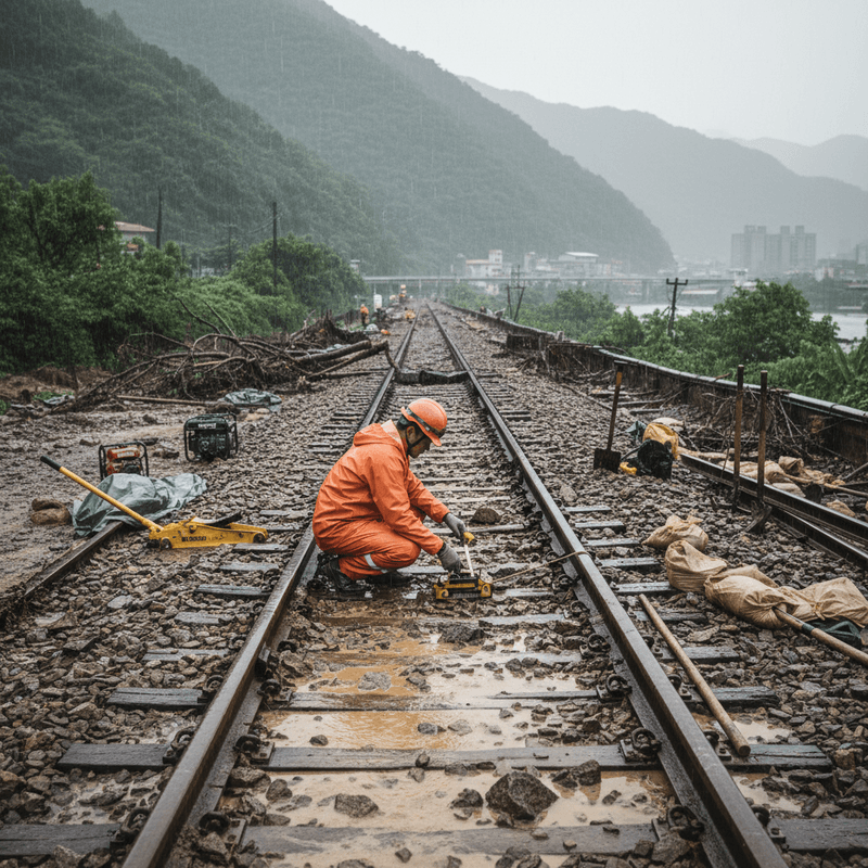 一位穿著橘色工作服和安全帽的鐵路維修人員，蹲在被洪水沖毀、積滿泥水的鐵軌上，專心檢查或修復軌道。周圍散落著工程工具和沙包，遠景可見山區、樹林與因大雨而顯得朦朧的城鎮建築，整體畫面呈現雨後鐵路搶修的艱辛。