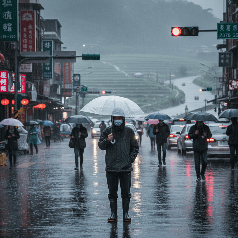一位穿著雨衣和雨鞋的民眾，戴著口罩、撐著透明雨傘，站在台灣街頭的大雨中。背景有許多撐傘的路人、行駛中的車輛、以及遠方山坡上的茶園。街邊的招牌和紅綠燈在雨中顯得模糊，地面積水反射著燈光，營造出濕潤且富有生活感的台灣雨天街景。
