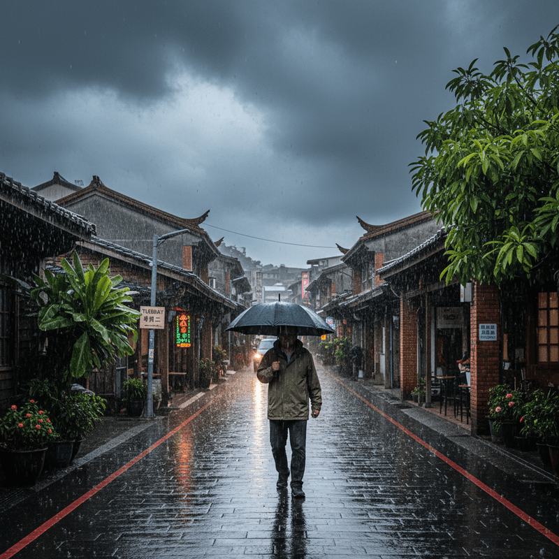 一位穿著雨衣的男士在台灣老街上撐傘漫步，細雨打濕了石板路面，兩旁的紅磚建築與店鋪招牌在雨中顯得古色古香。遠方車燈的光暈在濕漉的街面反射，為雨天的街景增添一絲朦朧美。