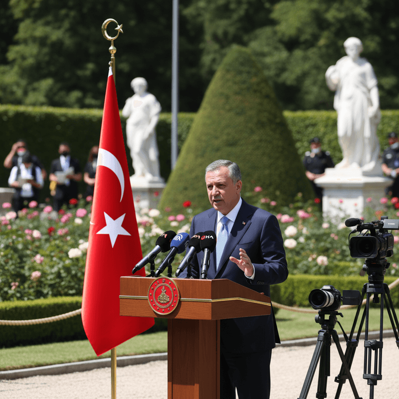 土耳其總統艾爾段(Recep Tayyip Erdoğan)在戶外記者會上發表演說,身旁是醒目的土耳其國旗。他穿著深色西裝和藍色領帶,手勢強調著演講內容,身後則是一片綠意盎然的庭園景致,還有幾尊白色雕像點綴其間。