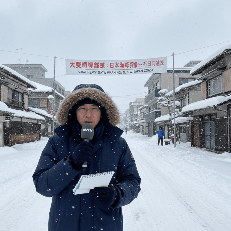 一位戴著眼鏡的日本NHK記者,在下著大雪的街道上進行連線報導,他穿著深藍色的厚外套,戴著手套,左手拿著麥克風,右手拿著筆記本。背景是白雪皚皚的日式建築,還掛著「大雪警報」的布條,顯示日本正面臨嚴峻的雪災,這張照片完美捕捉了日本冬季大雪的實況。