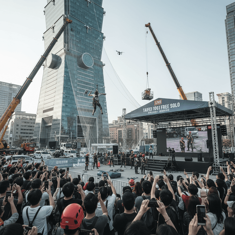 俯瞰台中都市叢林中,高樓大廈之間正在進行一场大型的笨豬跳活動。畫面中央是一位身穿專業裝備的挑戰者,正從高空一躍而下,透過安全網與繩索的保護,體驗刺激的極限運動。現場聚集了大量圍觀民眾,他們高舉手機捕捉這驚險瞬間。舞台區有大型螢幕實況轉播,並設有「TAIPEI 101 FREE SOLO」的活動標語。兩側巨大的吊臂,以及空中的無人機,都顯示出這場活動的規模與專業性。