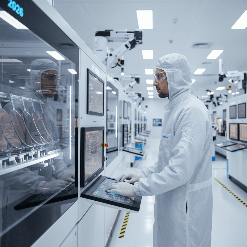 一名工程師在無塵室中操作半導體製造機台,他身穿白色無塵衣,戴著口罩和護目鏡,專注地查看觸控螢幕上的數據,機台內部可見晶圓正在處理。