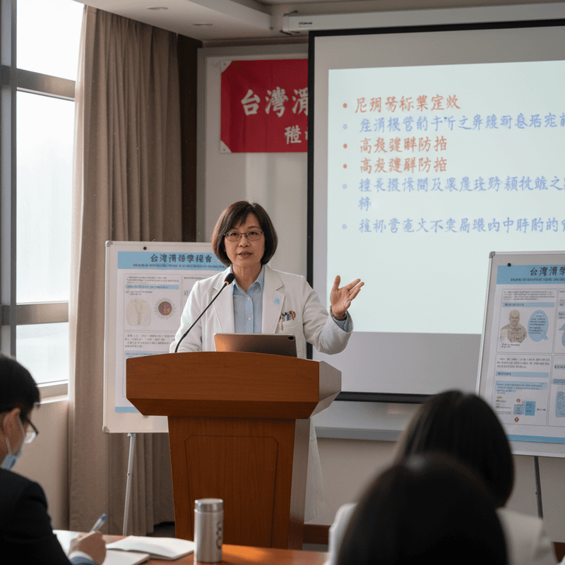 一位台灣女醫師在醫學研討會上進行專業演講,她身穿醫師袍,戴著眼鏡,右手舉起,生動地為台下聽眾講解投影片內容。背景的投影幕上顯示著中文的醫學資訊,前方講桌上擺放著筆記型電腦和麥克風。