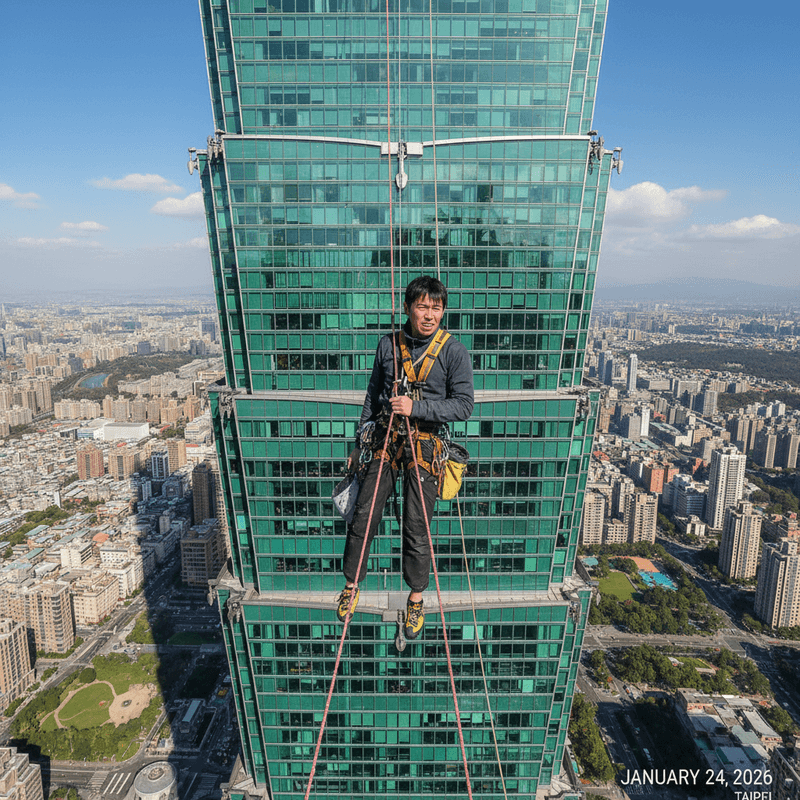 一名專業的清潔人員,身穿工作裝備和安全吊帶,正吊掛在台北101摩天大樓的翠綠玻璃帷幕外牆上,進行窗戶清潔作業。他專注地看向前方,身後是台北市區的廣闊景色,包含高樓建築與遠方山巒,天空晴朗,陽光灑落在城市天際線上。