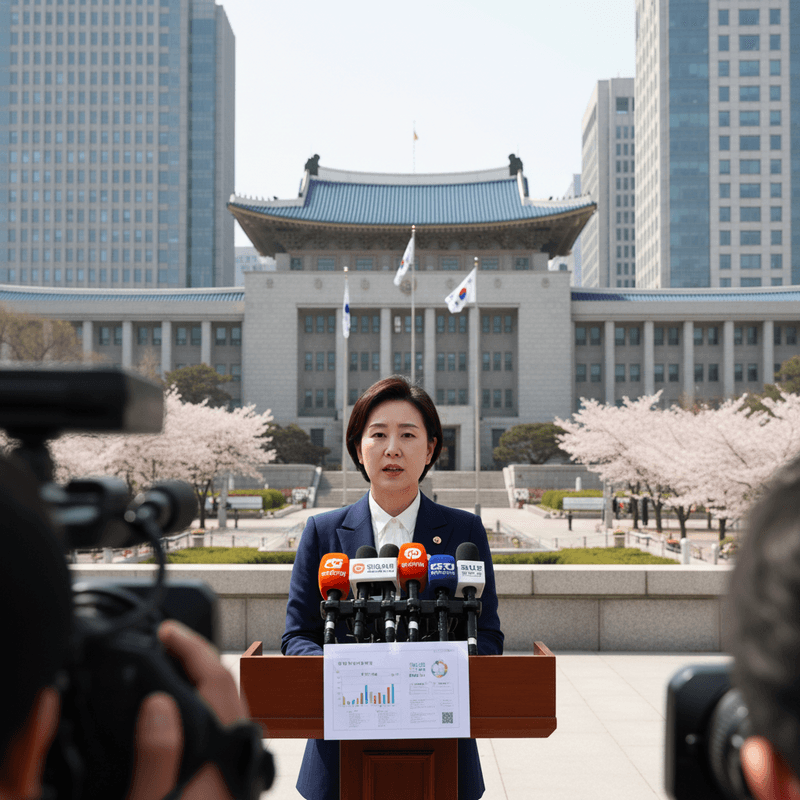 一位穿著深藍色西裝的韓國女性政治人物,站在戶外講台上對著麥克風發表談話,身後是宏偉的韓國國會建築與盛開的櫻花樹,前方有多台攝影機正在拍攝。