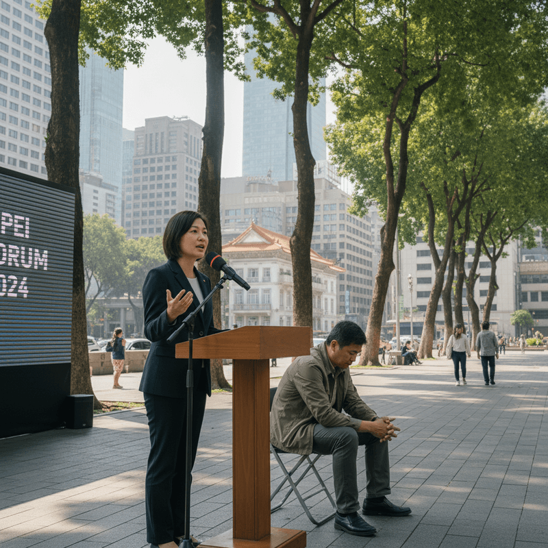 台灣戶外活動現場,一名女性講者在木製講台上,手持麥克風進行演講,身著深色套裝,神情專注。講台右側有位男士坐著,低頭沉思。背景是城市高樓大廈和綠樹成蔭的人行道,呈現台灣都會區的日常街景與活動氛圍。