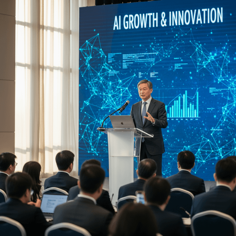 一位穿著西裝的亞洲男性在AI成長與創新論壇上發表演講,他站在講台後面,右手舉起比劃,左手輕放在講台上,面前的筆記型電腦螢幕亮著,後方的大型LED螢幕顯示著「AI GROWTH & INNOVATION」字樣,以及科技感十足的數據圖表與幾何線條,台下坐滿了專心聆聽的與會者。
