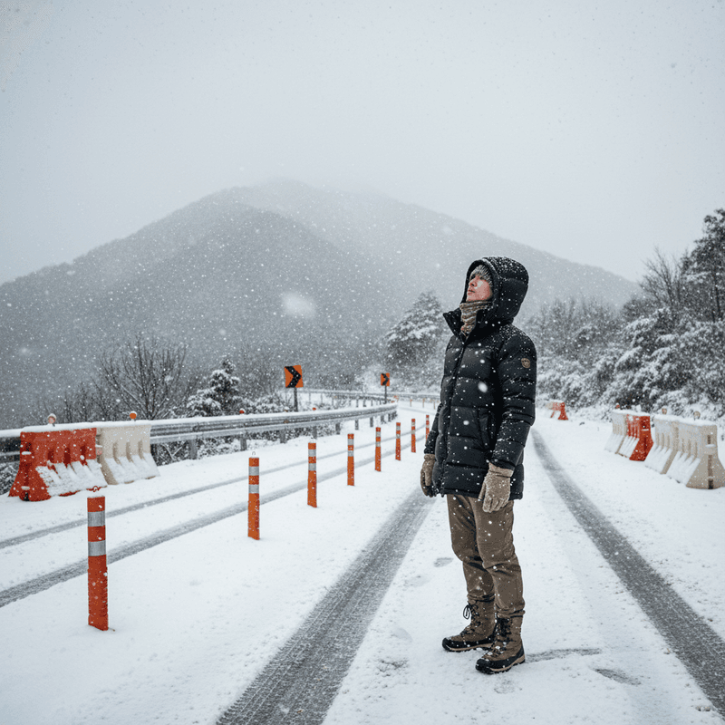 一位穿著厚重冬季外套和手套的登山客站在積雪的道路上,仰望著天空,雪花紛飛。背景是白雪覆蓋的山脈和樹林,道路旁設有交通錐和護欄,增添了冬日戶外探險的氛圍。