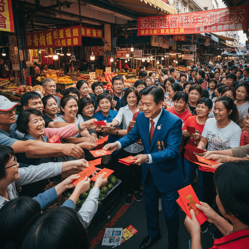 台灣傳統市場中,一位身穿藍色西裝的政治人物,正在熱情地向群眾發送紅包,許多民眾爭相向前伸手領取。市場攤位上擺滿了新鮮蔬果,背景的紅色布條上寫著中文標語,充滿年節氣氛。