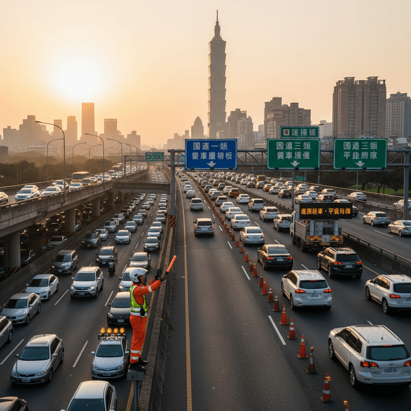 台灣高速公路上,清晨陽光灑落在繁忙的車流中,台北101在遠方清晰可見。一名交通管制人員身穿橘色制服,正站在路邊指揮交通,確保車輛順暢通行,展現台灣交通繁忙的日常。