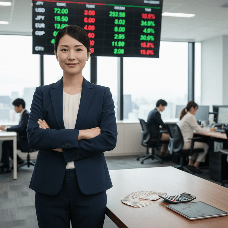 一位台灣女性金融交易員在辦公室內,身穿深藍色西裝外套,雙手抱胸,面帶微笑地看著鏡頭。她的背後是繁忙的交易室,牆上掛著顯示多國貨幣匯率與股票指數的大型電子看板。桌上散落著台幣現鈔、計算機與一台平板,正顯示著股票交易圖表。