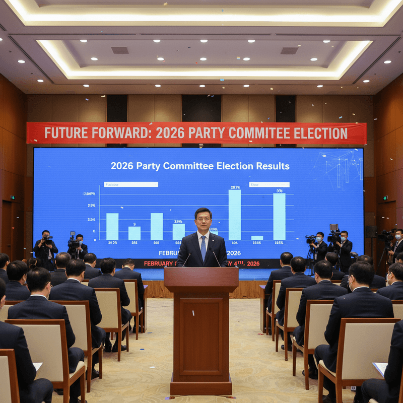 韓國政治人物在「未來前進:2026黨委員會選舉」看板前,向台下觀眾說明2026黨委員會選舉結果。