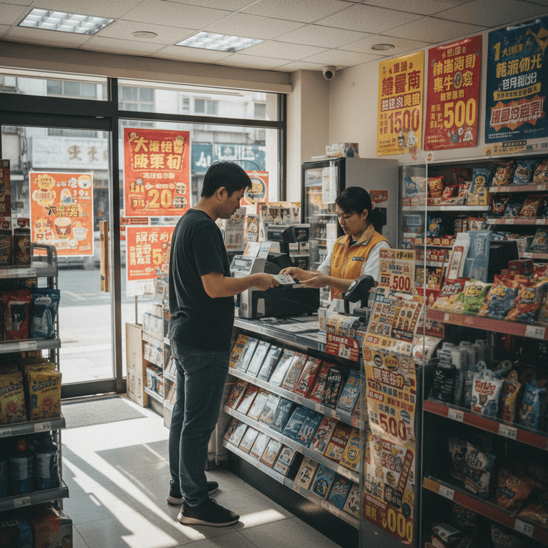 一名黑衣男子在台灣一間光線明亮的便利商店櫃檯前,向店員支付現金,完成一筆交易。店員穿著制服,正在為顧客服務,周圍擺滿了各式各樣的商品,包括零食、飲料和雜誌,店外則可見到繁忙的街景。