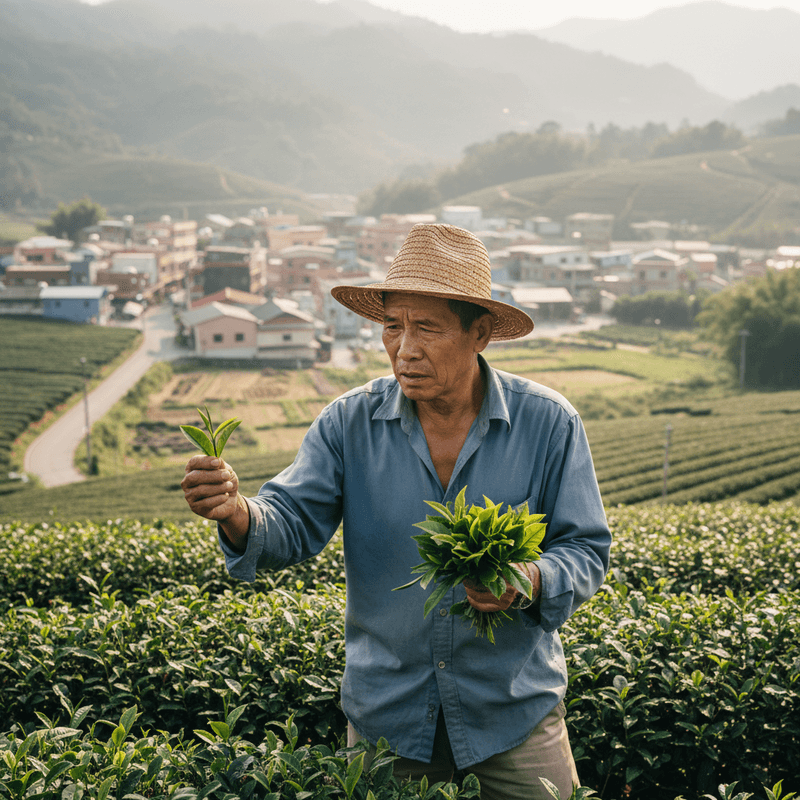 一位台灣茶農在茶園中專注地採摘茶葉,他頭戴斗笠,身穿藍色襯衫,手中握著一把剛採摘下來的新鮮茶葉,背景是層層疊疊的翠綠茶園和遠處的山城聚落,展現了台灣茶葉的產地風光與茶農的日常。