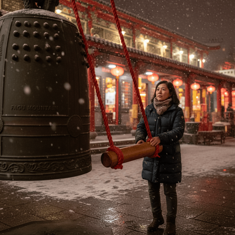一位台灣女性在雪花紛飛的冬夜,身穿深色保暖外套,站在古老的寺廟前,正準備敲響旁邊巨大的青銅鐘。寺廟背景燈火通明,紅色的燈籠在雪中格外顯眼,營造出寧靜祥和的氛圍。