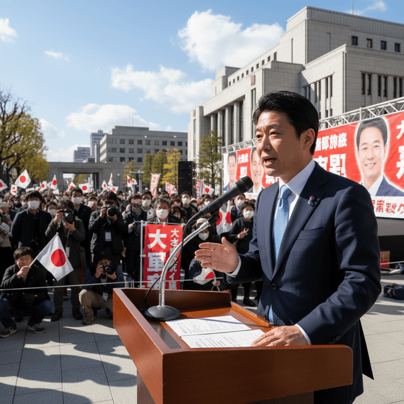 一位身穿深藍色西裝的日本政治人物正在戶外演講台前發表演說,背後是支持群眾揮舞著日本國旗,現場氣氛熱烈。