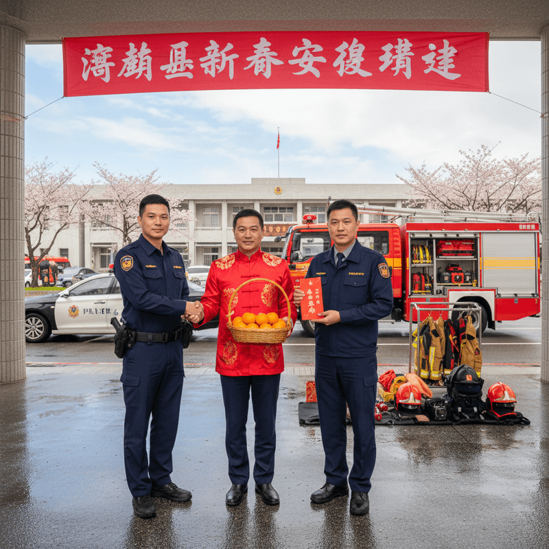 農曆新年期間,在台灣的消防局前,三位男子站成一排。中間的男子穿著喜氣的紅色唐裝,雙手捧著一籃茂谷柑,正與左側穿著深藍色制服的消防員握手。右側也有一位穿著相同制服的消防員,手中拿著一個紅包。他們身後停著一輛紅色的消防車和一輛警車,背景是消防局建築,天空晴朗,遠處可見櫻花樹。地上整齊擺放著消防裝備,為春節期間消防安全增添一份溫馨與保障。