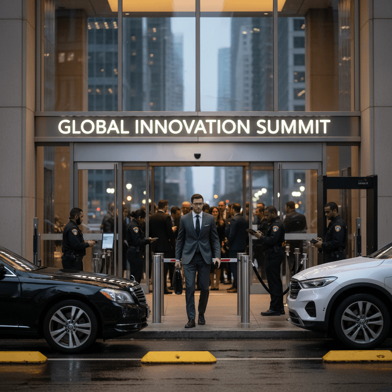 一位穿著西裝的男士正自信地走出「GLOBAL INNOVATION SUMMIT」的會場大門,兩旁停靠著黑色與白色的豪華轎車,數名保全人員在門口維持秩序,展現國際級創新峰會的專業與氣勢。