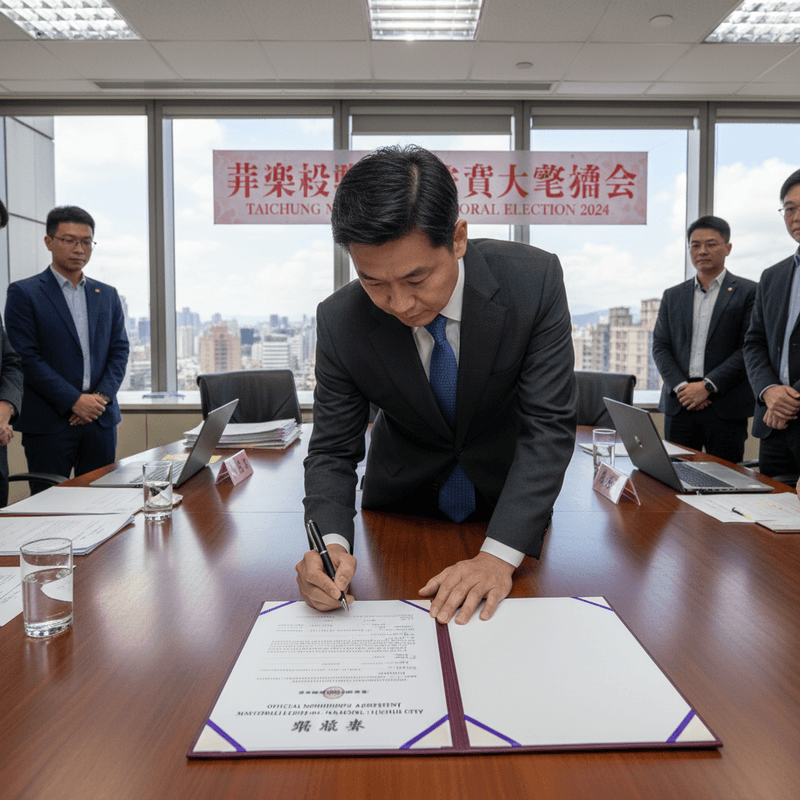 一位身穿深色西裝的台灣政治人物,在辦公室內的大會議桌上,專注地簽署一份重要文件。背景的窗外可見台中市區的都會景色,會議室內還有其他幾位男士觀看,牆上掛著「Taichung Mayoral Election 2024」的布條,顯示這是一場與台中市長選舉相關的正式場合。