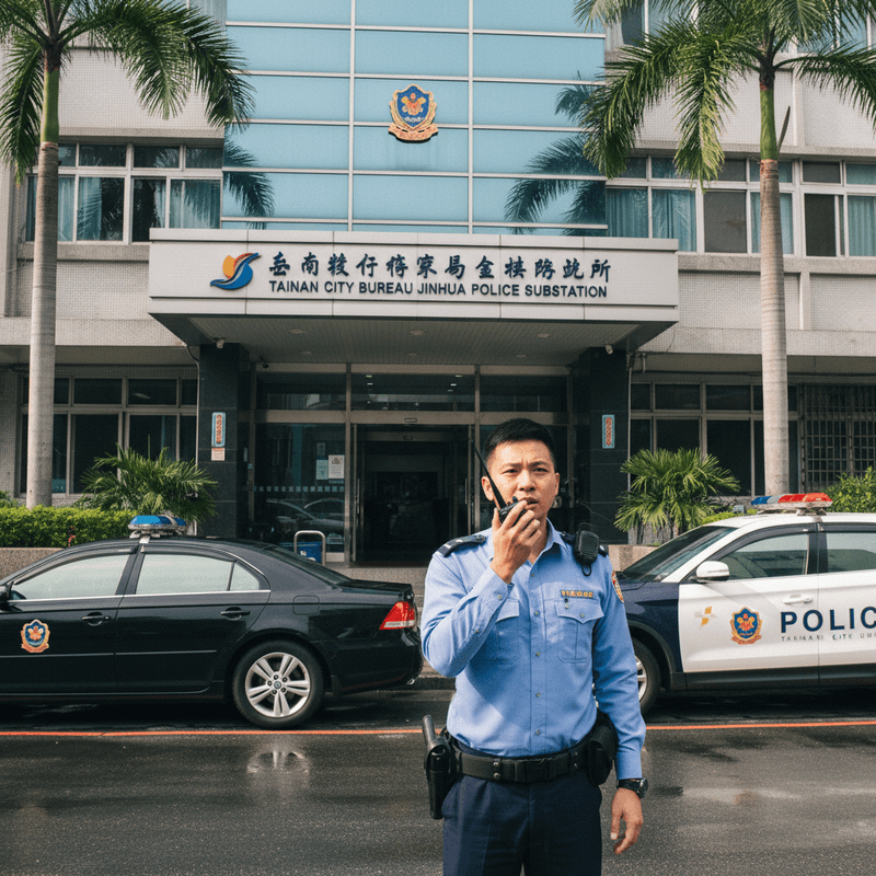 一名台灣警察身穿制服,手持無線電在台南市金華派出所前執勤,身後停放著警車。