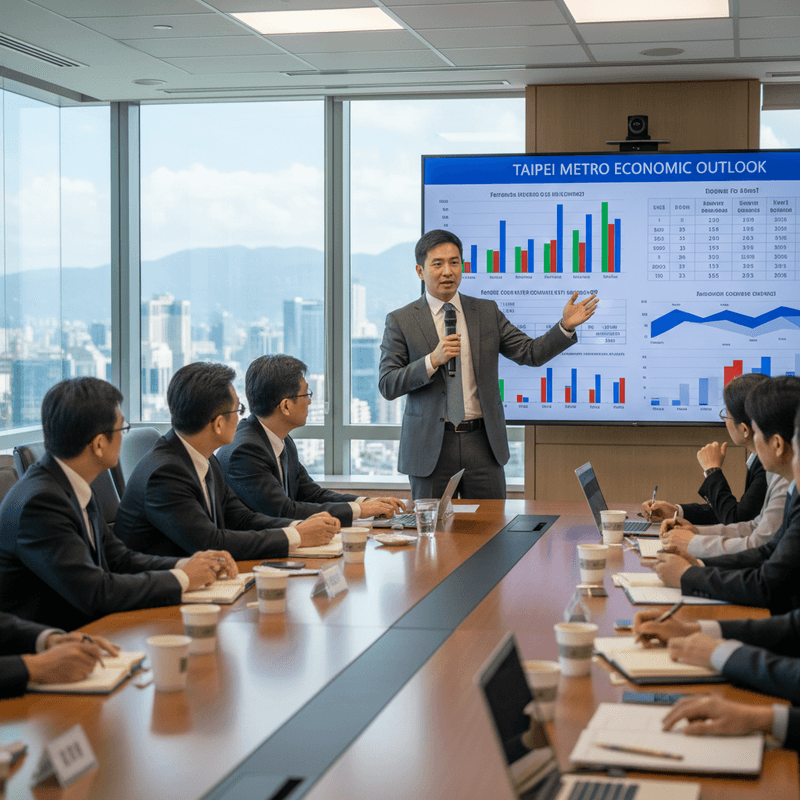一群商務人士在台北高樓層辦公室裡開會,一位男士正在大螢幕前進行商業簡報,投影內容是「TAIPEI METRO ECONOMIC OUTLOOK」。