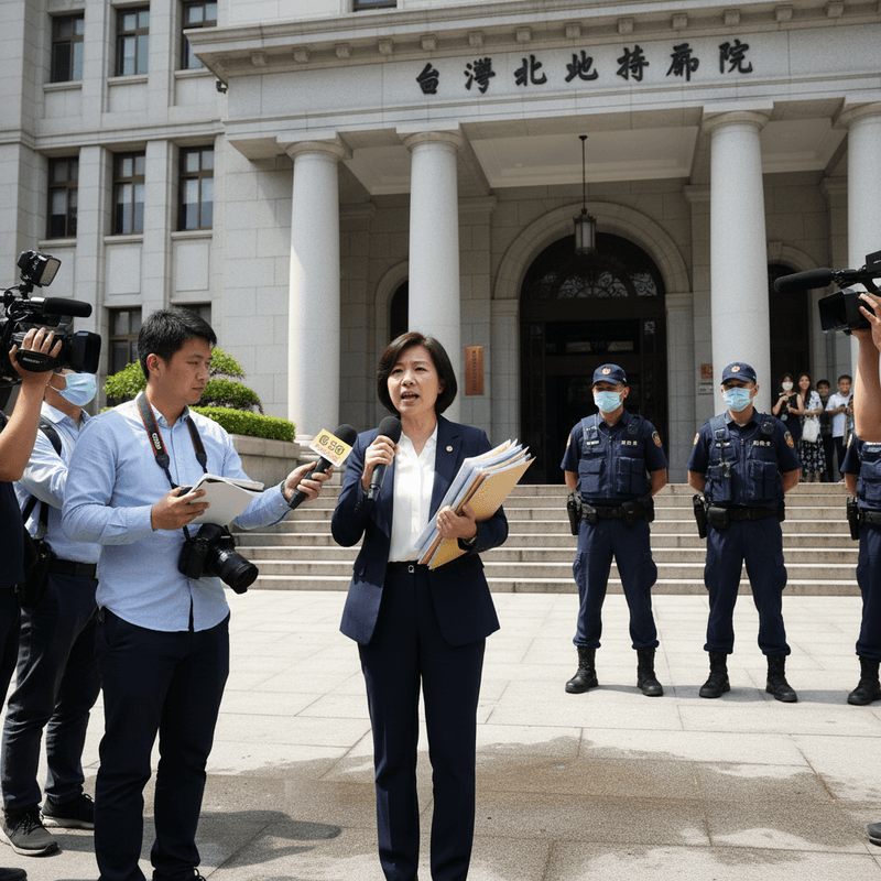 台灣台北地方法院前,一位身穿深藍色西裝的女性律師,手持文件夾和麥克風,正在向一群記者發表談話。律師神情專注,身旁有攝影記者正錄影採訪,背景是法院雄偉的建築和保全人員,呈現一場嚴肅的台北地院記者會現場。
