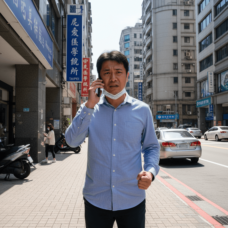一名台灣中年男子在台北市街頭使用手機通話,他臉上帶著口罩但拉到下巴處,表情看起來有些沮喪或煩惱。男士身穿藍色襯衫與深色長褲,站在人行道上,後方是繁忙的街道與高樓大廈,展現典型的台灣都市街景。