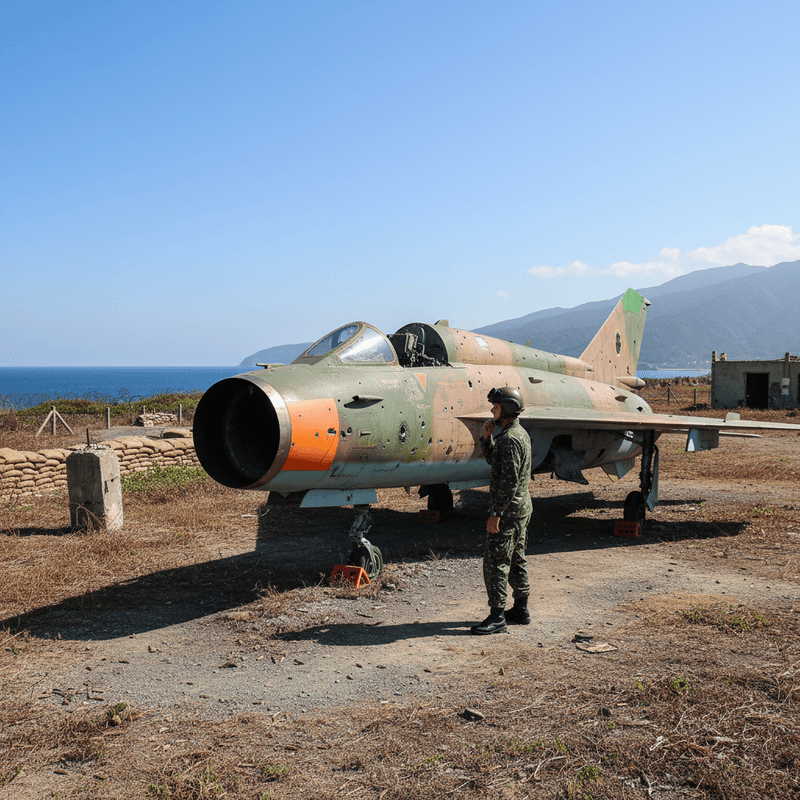 一位台灣軍人站立在退役的戰鬥機旁,這架飛機停放在海岸邊的山坡上,背景是藍色海洋和遠方的山脈。畫面中的台灣軍人身穿迷彩服,戴著頭盔,面向大海若有所思。戰鬥機機身斑駁,帶有綠色、棕色和橙色的迷彩塗裝,機頭進氣口清晰可見。飛機周圍是乾燥的草地和一些簡易工事。