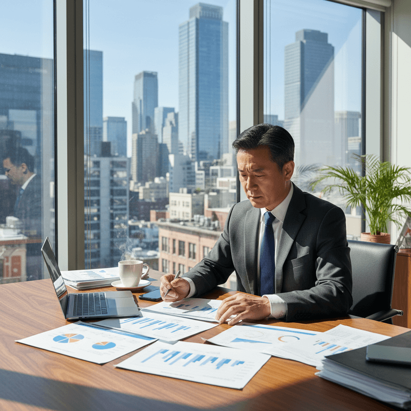 一位中年亞洲商務人士坐在落地窗邊的現代辦公室裡,專注地看著桌上的文件和圖表,旁邊放著筆記型電腦和一杯冒煙的咖啡,窗外是高樓林立的城市景觀。