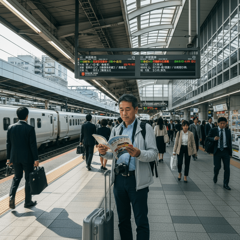 一位台灣旅客在忙碌的日本車站月台上,專心地閱讀著旅遊指南,身旁放著登機箱,準備搭乘新幹線或其他列車。他身穿淺色外套與深色長褲,肩膀上掛著相機,展現出台灣人旅行的自在風格。月台上人來人往,背景可見停靠的白色列車與站牌上的資訊,呈現出繁忙且現代化的亞洲車站場景。