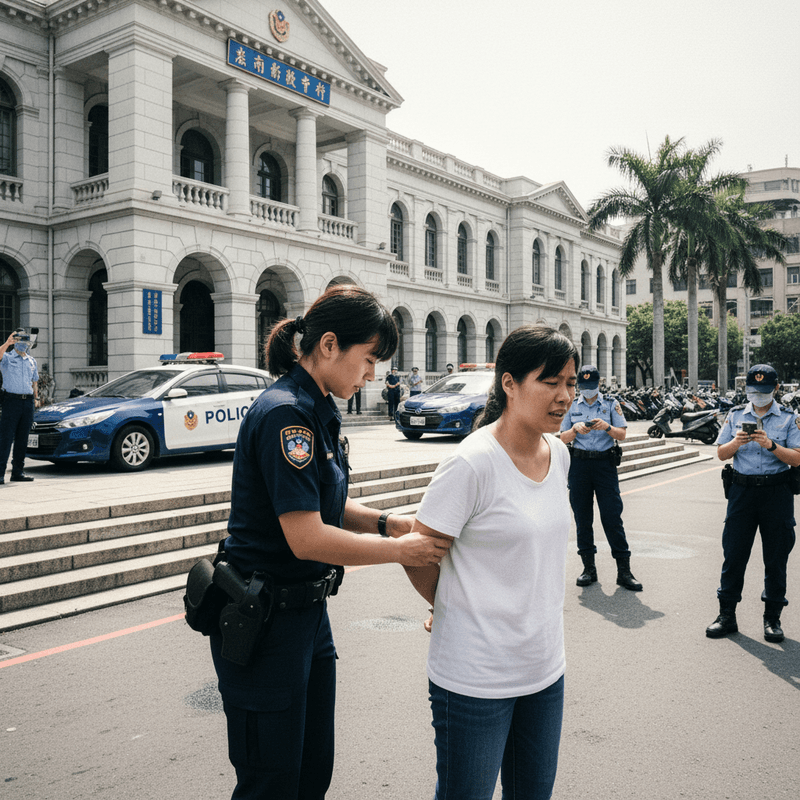 畫面中一名台灣女警正在給一位穿著白色T恤和牛仔褲的女性上銬,這名女性看起來表情嚴肅。她們站在一棟典雅的白色建築前,這棟建築很可能是法院或政府機關,其門口有階梯。背景處停放著兩輛警車,車頂的警示燈閃爍,車身上印有「POLICE」字樣。周圍還有幾位警察在場,他們有的在執勤,有的則低頭看著手機,似乎正在處理現場狀況。整張圖片呈現出警方執法的嚴肅氛圍,而建築物前的開闊空間也顯示這可能是一場公開的行動。